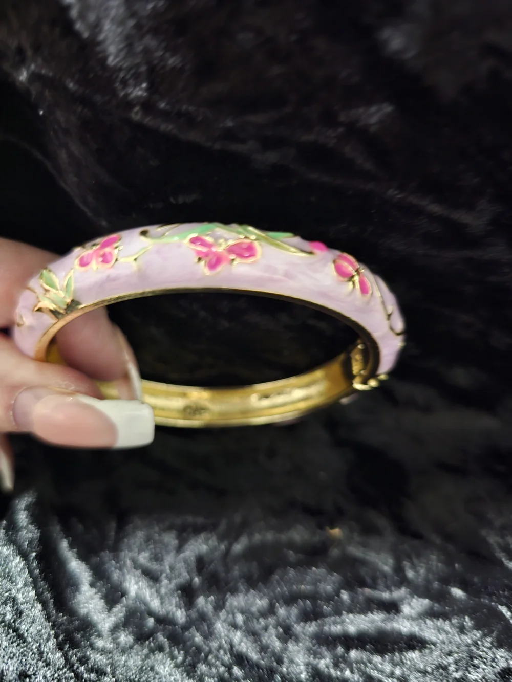 Gold-Tone Pink Floral Enamel Hinged Bangle Bracelet